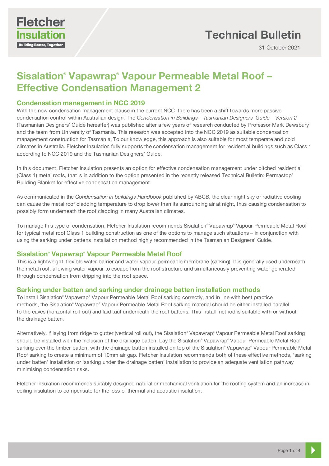 Technical Bulletin – Sisalation Vapawrap Permeable Metal Roof for effective condensation management 2