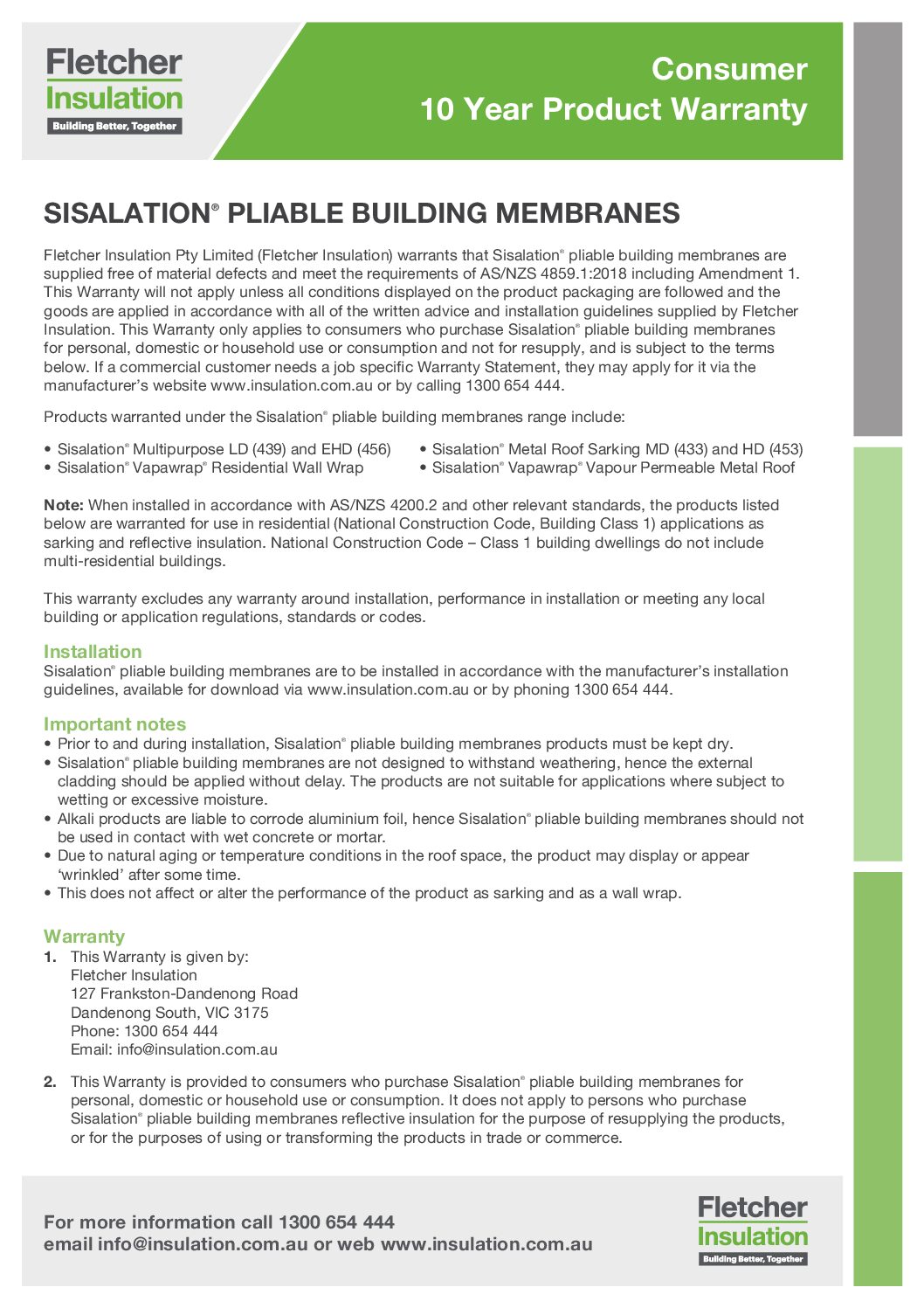 Sisalation® Pliable Building Membranes Consumer Warranty