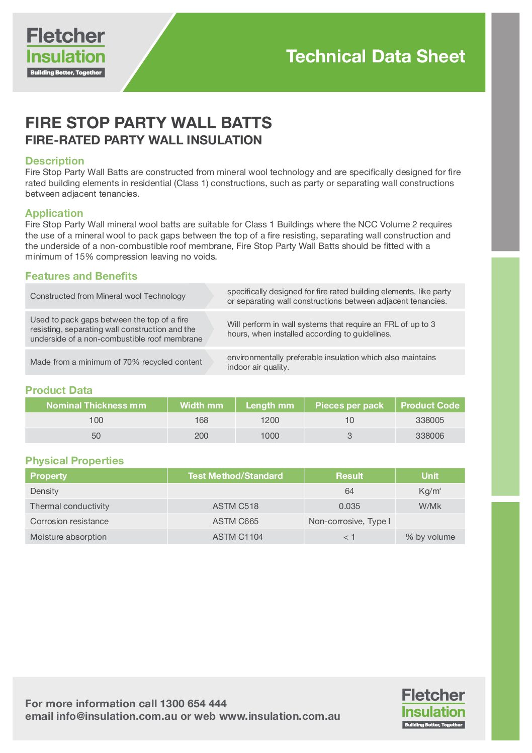 Fire Stop Party Wall Batts Technical Data Sheet