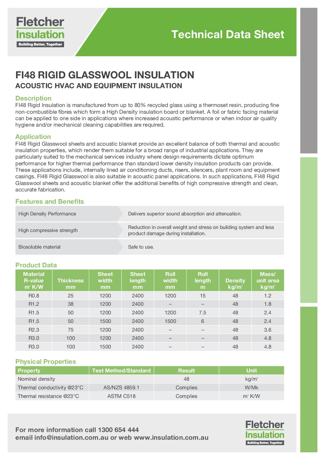 FI48 Rigid Glasswool Sheets and Acoustic Blanket Technical Data Sheet