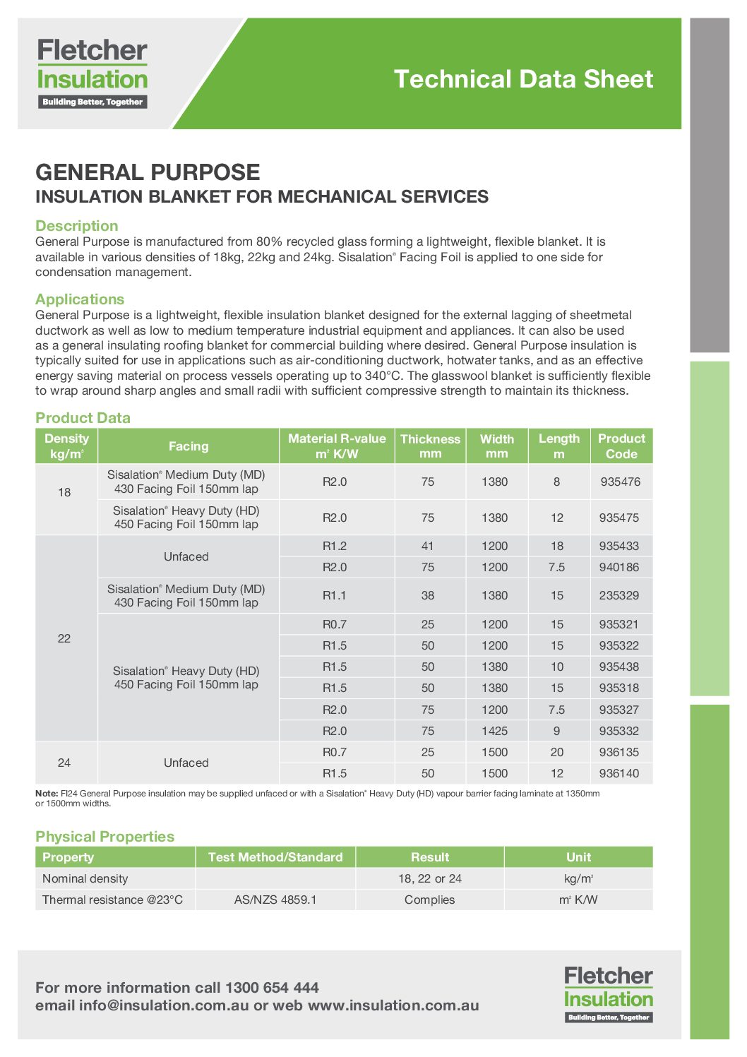 General Purpose Insulation Blanket – Mechanical Services – Technical Data Sheet