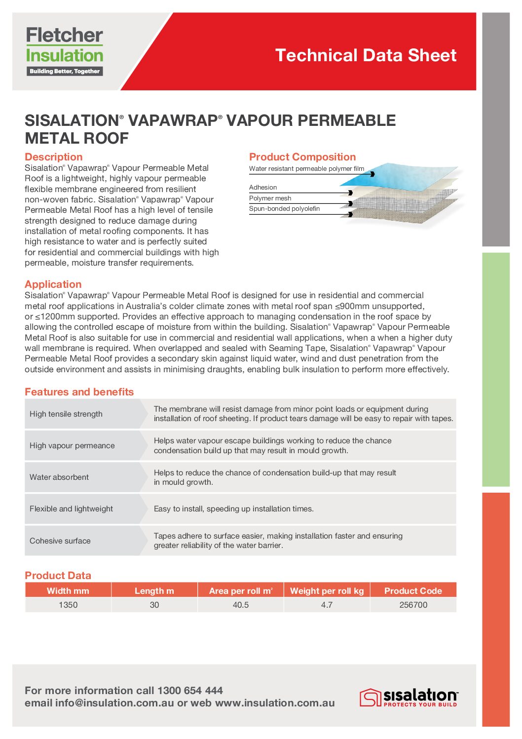 Sisalation® Vapawrap® Metal Roof Technical Data Sheet