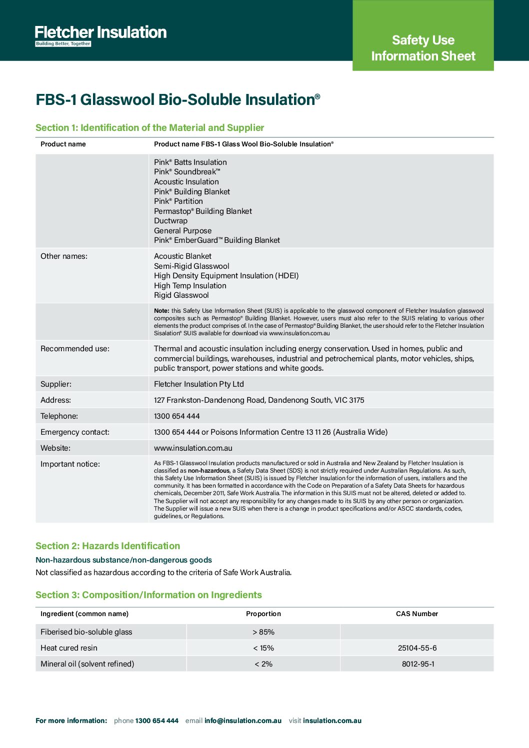 FBS-1 Glasswool Bio-soluble Insulation® SUIS